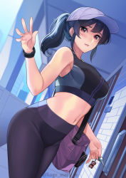 Rule 34 | 1girl, absurdres, artist name, bag, bare shoulders, baseball cap, black hair, blurry, blush, breasts, brown eyes, charm (object), cowboy shot, depth of field, dutch angle, hat, highres, holding, kagematsuri, key, leggings, long hair, looking at viewer, medium breasts, midriff, navel, original, pants, parted lips, ponytail, sidelocks, simple background, skin tight, sleeveless, smile, solo, spandex, standing, stomach, tank top, watch, watermark, wristwatch