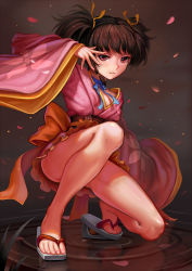 Rule 34 | 10s, 1girl, absurdres, barefoot, barefoot sandals (jewelry), brown hair, choker, feet, floral print, geta, hair ribbon, highres, japanese clothes, kimono, koutetsujou no kabaneri, long sleeves, looking at viewer, mumei (kabaneri), no socks, obi, parted lips, red eyes, ribbon, ribbon choker, sandals, sash, solo, sonikey0 0, toes, twintails, wide sleeves