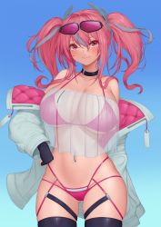 Rule 34 | 1girl, absurdres, azur lane, bare shoulders, bikini, black choker, black gloves, black thighhighs, blue background, blush, breasts, bremerton (azur lane), choker, cleavage, closed mouth, collarbone, commentary, cowboy shot, crop top, eyebrows hidden by hair, eyewear on head, fingerless gloves, gloves, gluteal fold, grey hair, hair between eyes, hair intakes, hair ornament, hand on own hip, highres, jacket, large breasts, long hair, looking at viewer, mole, mole on breast, mole under eye, multi-strapped bikini, multicolored hair, navel, navel piercing, off shoulder, open clothes, open jacket, piercing, pink-tinted eyewear, pink bikini, pink eyes, pink hair, pinkcap, race queen, see-through, see-through shirt, shirt, sidelocks, skindentation, smile, solo, standing, stomach, strapless, strapless shirt, streaked hair, sunglasses, swimsuit, thighhighs, tinted eyewear, twintails, two-tone hair, white jacket