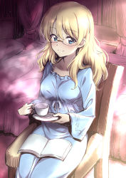 Rule 34 | 1girl, bed, blonde hair, blue eyes, blue pajamas, book, breasts, chair, cleavage, cup, darjeeling (girls und panzer), girls und panzer, glasses, highres, holding, holding cup, long sleeves, looking at viewer, medium breasts, medium hair, nakahira guy, on chair, pajamas, sitting, smile, solo, teacup