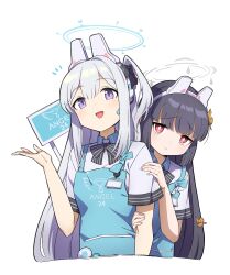 Rule 34 | 1-4daithi, 2girls, angel&#039;s 24 uniform (blue archive), apron, black bow, black bowtie, black hair, blue apron, blue archive, blue halo, blush, bow, bowtie, closed mouth, collarbone, grey hair, grey halo, halo, highres, leaf, leaf on head, long hair, miyako (blue archive), miyu (blue archive), multiple girls, official alternate costume, one side up, open mouth, polo shirt, purple eyes, red eyes, shirt, short sleeves, simple background, smile, white background, white shirt