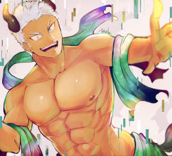 Rule 34 | 1boy, :d, abs, bara, character request, costume request, dark-skinned male, dark skin, demon horns, highres, horns, large pectorals, male focus, muscular, muscular male, nipples, open mouth, pectorals, short hair, sideburns, smile, solo, stomach, tokyo houkago summoners, topless male, touoh, white hair