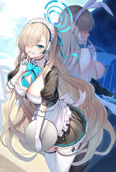 Rule 34 | 1girl, animal ears, apron, aqua bow, aqua bowtie, asuna (blue archive), asuna (bunny) (blue archive), bare shoulders, black choker, blonde hair, blue archive, blue eyes, blue ribbon, bow, bowtie, breasts, choker, elbow gloves, fake animal ears, gloves, hair ornament, hair over eyes, hair ribbon, hairband, halo, hand up, highres, holding, holding tray, large breasts, leotard, long hair, looking at viewer, maid, maid headdress, mole, mole on breast, multiple views, one eye covered, parted lips, playboy bunny, rabbit ears, ribbon, ririko (zhuoyandesailaer), short sleeves, smile, teeth, thighhighs, thighs, tray, white apron, white gloves, white hairband, white thighhighs