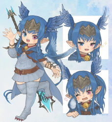 Rule 34 | 1girl, bell, bird, bird legs, bird on hand, blue background, blue cape, blue eyes, blue hair, blue tunic, boots, cape, center opening, cheek press, commission, cropped torso, earrings, facial mark, fake head wings, final fantasy, final fantasy xiv, flat chest, full body, greatsword, grin, heart, heterochromia, highres, jewelry, jingle bell, lalafell, long bangs, long hair, looking at viewer, multiple views, neck bell, one eye closed, paw shoes, pink eyes, pointy ears, puluie, signature, smile, solo, standing, standing on one leg, sword, teeth, thigh boots, thighhighs, upper teeth only, walking, warrior of light (ff14), waving, weapon, weapon on back, whisker markings, zettai ryouiki