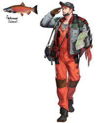Rule 34 | 1boy, absurdres, bag, black footwear, black mask, bodysuit, boots, brown gloves, coat, fish, gloves, grey coat, hand up, hat, highres, holding, holding map, male focus, map, mask, mask pull, mouth mask, one eye closed, original, personification, red bodysuit, salmon, shadow, shoulder bag, simple background, solo, standing, walking, white background, wide shot