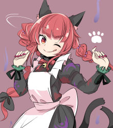 Rule 34 | 1girl, :q, animal ear fluff, animal ears, apron, bell, black bow, blunt bangs, bow, braid, breasts, cat ears, cat tail, closed mouth, commentary request, contrapposto, cowboy shot, frills, hair between eyes, hair bow, hair ribbon, hands up, harakune (mugennero), highres, jingle bell, juliet sleeves, kaenbyou rin, light blush, long hair, long sleeves, looking at viewer, multiple tails, nail polish, nekomata, one eye closed, puffy sleeves, purple background, red bow, red eyes, red hair, red nails, red neckwear, ribbon, simple background, small breasts, solo, tail, tongue, tongue out, touhou, tress ribbon, twin braids, twintails, two tails, very long hair, white apron