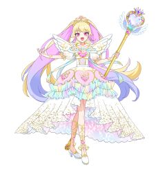 Rule 34 | 1girl, :d, blonde hair, blue hair, commentary request, dress, full body, gold trim, gradient hair, hands up, high heels, himeme (pretty series), holding, holding scepter, long hair, looking at viewer, multicolored hair, official art, open mouth, pink eyes, pink hair, pretty series, princess, puffy short sleeves, puffy sleeves, scepter, second-party source, short sleeves, simple background, smile, solo, standing, tachi-e, tiara, transparent background, tugu-huka, twintails, very long hair, waccha primagi!, waccha primagi! studio, white dress, white footwear, white wings, wings