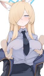 Rule 34 | 1girl, animal ear fluff, animal ears, black necktie, blonde hair, blue archive, blue halo, blue shirt, breasts, closed mouth, collared shirt, commentary, disembodied hand, grabbing, grabbing another&#039;s breast, grabbing from behind, hair over one eye, halo, highres, jacket, kanna (blue archive), large breasts, long hair, mikozin, necktie, shirt, simple background, skirt, solo focus, sweat, sweatdrop, upper body, white background