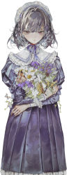 Rule 34 | 1girl, absurdres, bouquet, closed mouth, dress, flower, grey hair, highres, holding, holding bouquet, long sleeves, looking at viewer, maid headdress, medium hair, neck ribbon, original, pleated dress, purple dress, red eyes, ribbon, sanpaku, simple background, solo, standing, white background, yogisya