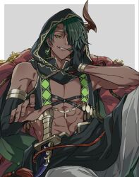 Rule 34 | 1boy, abs, alternate hair color, arabian clothes, aragami oga, arm warmers, black gloves, black jacket, black sash, border, chair, cm10th, cropped jacket, dagger, dark-skinned male, dark skin, eyepatch, feet out of frame, gloves, green eyes, green hair, grey background, grey pants, grin, hair over one eye, harness, head rest, highres, holostars, hood, hood up, horns, jacket, knee up, knife, knife sheath, looking at viewer, male focus, midriff, no shirt, official alternate costume, open clothes, open jacket, outside border, pants, partially fingerless gloves, pectoral cleavage, pectorals, reaching, reaching towards viewer, rope belt, sash, sharp teeth, sheath, short hair, single arm warmer, single glove, single horn, sitting, sleeveless, sleeveless jacket, smile, smug, solo, tassel, teeth, toned, toned male, virtual youtuber, weapon, white border
