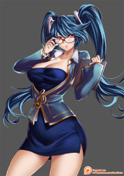 Rule 34 | 1girl, aqua eyes, bespectacled, blue dress, blue hair, breasts, cleavage, clipboard, cowboy shot, dress, female focus, glasses, kaorihero, large breasts, league of legends, long hair, long sleeves, looking at viewer, office lady, red-framed eyewear, short dress, solo, sona (league of legends), thighs, twintails, very long hair