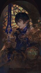 Rule 34 | 1boy, arch, armor, aymeric de borel, black hair, blue eyes, earclip, earrings, elezen, elf, expressionless, final fantasy, final fantasy xiv, from side, gauntlets, hair between eyes, highres, holding, holding sword, holding weapon, indoors, jewelry, looking ahead, male focus, painterly, pauldrons, pillar, pointy ears, realistic, short hair, shoulder armor, single gauntlet, solo, stained glass, sukly, sword, temple knight (ff14), upper body, wavy hair, weapon, window