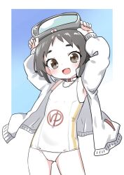 Rule 34 | 1girl, :d, armpits, arms up, black eyes, black hair, commentary, cowboy shot, flat chest, forehead, goggles, goggles on head, jacket, kantai collection, long sleeves, looking at viewer, maru-yu (kancolle), nassukun, one-piece swimsuit, open mouth, puffy long sleeves, puffy sleeves, short hair, smile, solo, swimsuit, white jacket, white one-piece swimsuit