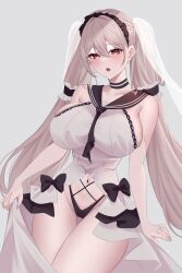 Rule 34 | 1girl, absurdly long hair, absurdres, azur lane, black choker, black neckerchief, black sailor collar, breasts, brown eyes, choker, clothing cutout, commentary, dress, dress flower, feather dress, formidable (azur lane), formidable (timeless classics) (azur lane), full body, grey hair, hair ornament, highres, huge breasts, long hair, looking at viewer, nanako94418108, navel cutout, neckerchief, official alternate costume, sailor collar, seiza, simple background, sitting, sleeveless, sleeveless dress, solo, twintails, two-tone dress, two-tone ribbon, veil, very long hair, white dress
