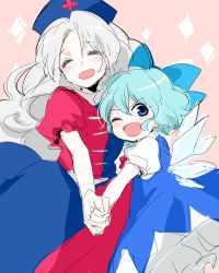 Rule 34 | 2girls, :d, ;d, ^ ^, blue bow, blue dress, blue eyes, blue hair, blue headwear, blush, bow, cirno, closed eyes, collared dress, dot nose, dress, facing viewer, fang, feet out of frame, frilled sleeves, frills, from side, hair between eyes, hair bow, happy, hat, height difference, holding hands, interlocked fingers, large bow, long dress, long hair, looking at viewer, looking to the side, machiko (beard), multicolored clothes, multicolored dress, multiple girls, no nose, nose blush, nurse cap, one eye closed, open mouth, outstretched arm, parted bangs, petticoat, pinafore dress, pink background, puffy short sleeves, puffy sleeves, red dress, red neckwear, short hair, short sleeves, silver hair, simple background, sketch, sleeveless dress, smile, sparkle, sparkle background, standing, touhou, v-shaped eyebrows, very long hair, wavy hair, wings, yagokoro eirin, |d