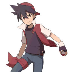 Rule 34 | 1boy, baseball cap, belt, belt buckle, brown belt, brown eyes, buckle, closed mouth, commentary request, creatures (company), fingerless gloves, game freak, gloves, hat, holding, holding poke ball, jacket, korean commentary, leg ribbon, male focus, nintendo, open clothes, open jacket, pants, poke ball, poke ball (basic), pokemon, pokemon adventures, red (pokemon), red hat, redlhzz, ribbon, shirt, short hair, short sleeves, smile, solo, spiked hair, thigh ribbon