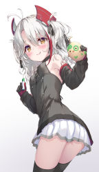 Rule 34 | 1girl, animal, antenna hair, ass, azur lane, bare shoulders, bird, black gloves, black shirt, black sleeves, blush, breasts, brown eyes, chick, closed mouth, commentary request, cross, detached sleeves, gloves, gradient background, grey background, grey hair, hair between eyes, headgear, highres, holding, holding animal, iron cross, little prinz eugen (azur lane), long sleeves, manjuu (azur lane), marker, nakazawa aki, parted bangs, pleated skirt, shirt, skirt, sleeveless, sleeveless shirt, sleeves past wrists, small breasts, smile, solo, two side up, white background, white skirt