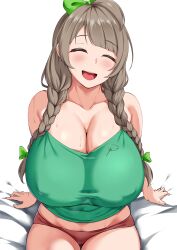 Rule 34 | 1girl, bow, braid, breasts, bush, cleavage, closed eyes, collarbone, commentary, english commentary, green bow, grey hair, hair bow, hair ornament, highres, huge breasts, long hair, looking at viewer, love live!, minami kotori, open mouth, sitting, smile, solo, sweat, twin braids, yua (argaoffroad)