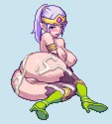 Rule 34 | 1girl, animated, animated gif, ass, blush, boots, breasts, chijoku no troll busters, cum, cum in pussy, cum on ass, elf, gloves, large breasts, lowres, nipples, pixel art, pointy ears, ponytail, red-p, simple background, solo