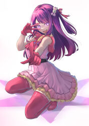 Rule 34 | 1girl, absurdres, boots, commentary, dress, fangs, frilled dress, frilled gloves, frills, gloves, hair ornament, hair ribbon, highres, hoshino ai (oshi no ko), idol, idol clothes, kneeling, long hair, looking at viewer, one side up, open mouth, oshi no ko, pink dress, pink footwear, pink gloves, pink ribbon, purple eyes, purple hair, rabbit hair ornament, ribbon, sidelocks, sleeveless, sleeveless dress, smile, solo, star-shaped pupils, star (symbol), symbol-shaped pupils, teeth, thigh boots, thighhighs, upper teeth only, user dwfx8458, w, w over eye, white background, zettai ryouiki