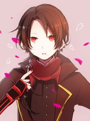 Rule 34 | 10s, 1boy, armor, brown hair, japanese armor, kashuu kiyomitsu, kote, long hair, looking at viewer, male focus, mole, mole under mouth, nail polish, open mouth, personification, petals, pointing, pointing at self, ponytail, red eyes, red nails, red scarf, ryukadomatsu, scarf, solo, touken ranbu, upper body