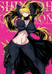 Rule 34 | 1girl, absurdly long hair, alternate hair length, alternate hairstyle, arms up, black coat, black pants, blonde hair, breasts, cleavage, coat, collarbone, constricted pupils, cowboy shot, creatures (company), cynthia (pokemon), detached collar, english text, fur-trimmed coat, fur collar, fur trim, game freak, grin, hair lift, hair ornament, hair over one eye, hands in hair, head tilt, highres, hip focus, huge breasts, impossible clothes, jacket, jojo pose, long hair, long sleeves, midriff, navel, nintendo, no bra, pants, pink background, pokemon, pokemon dppt, ponytail, shimure (460), shiny clothes, simple background, smile, solo, stomach, taut clothes, taut pants, thighs, toned, very long hair