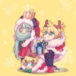 Rule 34 | 1boy, 2girls, :o, antlers, aqua eyes, aqua hair, arms up, bad id, bad pixiv id, black footwear, black gloves, blonde hair, blush, boots, bow, box, chestnut mouth, chibi, christmas, cloak, dress, full body, gift, gift box, gloves, hair between eyes, hair bow, hair ornament, hairband, hairclip, hatsune miku, holding, holding gift, hood, hooded cloak, horns, kagamine len, kagamine rin, legs together, long sleeves, lying, multiple girls, on stomach, pants, ponytail, red dress, red footwear, santa costume, scarf, snowflakes, standing, vocaloid, yampopo, yellow background