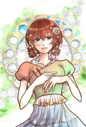 Rule 34 | 1girl, alternate hairstyle, aqua eyes, artist name, artist request, blue eyes, blue skirt, blush, breasts, brown hair, dress, drill hair, emma verde, female focus, flower, flower hair ornament, freckles, green dress, hair between eyes, hair flower, hair ornament, highres, long hair, looking at viewer, love live!, love live! nijigasaki high school idol club, miniskirt, parted lips, plaid, plaid dress, plaid skirt, pleated, pleated dress, pleated skirt, red hair, short sleeves, skirt, small breasts, smile, solo, twin drills, twintails, white background