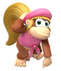 Rule 34 | 1girl, ape, barefoot, blonde hair, bottomless, dixie kong, donkey kong (series), feet, green eyes, hat, highres, long hair, nintendo, official art, ponytail, simple background, smile, solo, toes