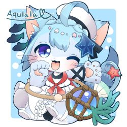 Rule 34 | 1girl, akurara (cat busters), artist request, blue eyes, blue hair, cat, cat busters, furry, furry female, one eye closed, smile, solo