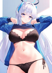 Rule 34 | 1girl, absurdres, black bra, black panties, blue archive, blue jacket, blush, bra, breasts, cowboy shot, grey hair, halo, highres, jacket, large breasts, long hair, long sleeves, looking at viewer, mechanical halo, navel, noa (blue archive), open clothes, open jacket, open mouth, panties, purple eyes, shan far, solo, underwear