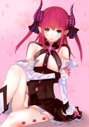 Rule 34 | 10s, 1girl, :o, benbe, blue eyes, claws, detached sleeves, elizabeth bathory (fate), elizabeth bathory (fate/extra ccc), elizabeth bathory (first ascension) (fate), fate/extra, fate/extra ccc, fate (series), highres, holding own arm, horns, long hair, looking at viewer, pink hair, pointy ears, sitting, solo, tail, two side up