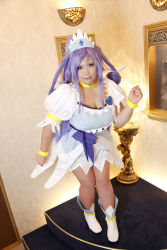 Rule 34 | 1girl, ankle boots, asian, blue eyes, blue hair, boots, bow, bracelet, breasts, choker, chouzuki maryou, cosplay, cure diamond (cosplay), dancing, dokidoki! precure, dress, headpiece, highres, jewelry, large breasts, long hair, magical girl, matching hair/eyes, photo (medium), plump, ponytail, precure, puffy short sleeves, puffy sleeves, ribbon, short sleeves, solo, tiara