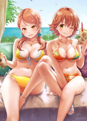Rule 34 | 2girls, :d, anklet, bikini, bird, blue ribbon, blue sky, breasts, brown eyes, brown hair, bubble tea, chiyosuke (nosuke21), cleavage, couch, cup, day, drinking straw, front-tie bikini top, front-tie top, grin, hair between eyes, hair ribbon, highres, hojo karen, holding, holding cup, honda mio, idolmaster, idolmaster cinderella girls, idolmaster cinderella girls starlight stage, jewelry, medium breasts, multiple girls, navel, necklace, ocean, on couch, one eye closed, open mouth, orange bikini, ribbon, sandals, side-tie bikini bottom, sitting, sky, smile, sweat, swept bangs, swimsuit, tress ribbon, yellow bikini, yellow eyes