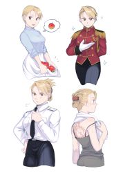 Rule 34 | +++, 4girls, :d, puff of air, absurdres, adjusting clothes, adjusting necktie, adjusting neckwear, aged down, aiguillette, apple, arm at side, back tattoo, bare arms, bare shoulders, belt, black neckwear, black pants, blonde hair, blue shirt, blush, breast pocket, breasts, brown eyes, closed mouth, clothes lift, collared shirt, cropped legs, cropped torso, dress shirt, earrings, epaulettes, expressionless, facing away, fingernails, folded ponytail, food, from behind, frown, fruit, fullmetal alchemist, gloves, grey pants, grey shirt, half-closed eyes, hand on own hip, hand on own chest, hand up, happy, highres, jacket, jewelry, long skirt, long sleeves, looking at viewer, looking away, looking down, looking to the side, medium breasts, military, military uniform, multiple girls, multiple persona, necktie, open mouth, ozaki (tsukiko3), pants, pocket, profile, red jacket, riza hawkeye, shirt, short hair, shoulder blush, simple background, skirt, smile, spaghetti strap, sparkle, speech bubble, strap slip, tattoo, towel, towel around neck, uniform, v-shaped eyebrows, very short hair, water drop, wet, wet hair, white background, white gloves, white shirt, white skirt