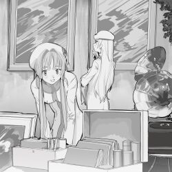 Rule 34 | 2girls, aria (manga), aria company uniform, book, character request, greyscale, indoors, long hair, looking at object, monochrome, multiple girls, phonograph, suiso (owp), window