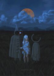 Rule 34 | 1girl, 1other, arm at side, bandaid, bandaid on cheek, bandaid on face, blood, blood bag, blood on clothes, blood on face, cloak, closed mouth, cloud, cloudy sky, collarbone, face in shadow, field, frown, full body, full moon, ghost, grass, grey eyes, grey hair, hair over one eye, hand up, highres, hood, hood up, hooded cloak, intravenous drip, isekai joucho, kamitsubaki studio, long sleeves, looking at viewer, moon, mountainous horizon, night, night sky, no pants, one eye covered, orange moon, outdoors, revision, signature, sky, straight-on, suzukasuraimu