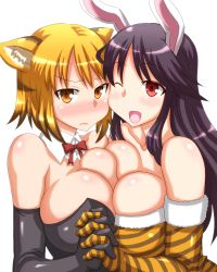 Rule 34 | 2girls, animal ears, bare shoulders, blonde hair, blush, breasts, brown eyes, cleavage, elbow gloves, female focus, gloves, holding hands, ishioto, large breasts, long hair, multiple girls, one eye closed, open mouth, purple hair, rabbit ears, red eyes, short hair, simple background, smile, wink, yuri