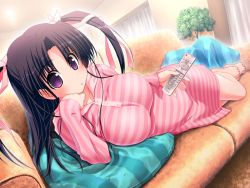 Rule 34 | 1girl, aisaka shinorin, akata itsuki, arm support, barefoot, black hair, breasts, head rest, controller, couch, feet, game cg, gengetsu no pandora, hair ribbon, huge breasts, large breasts, long hair, lying, on side, pajamas, pillow, purple eyes, remote control, ribbon, shirt, solo, source request, striped, taut clothes, taut shirt, twintails