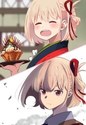 Rule 34 | 1girl, absurdres, blonde hair, blush, bow, chai haru, closed eyes, closed mouth, collared shirt, commentary request, food, hair between eyes, hair ribbon, highres, ice cream, japanese clothes, kimono, looking at viewer, lycoris recoil, motion blur, multiple views, nishikigi chisato, one side up, open mouth, red eyes, red kimono, red ribbon, ribbon, shadow, shirt, short hair, sidelocks, smile, solo, strap, upper body, white background, white bow