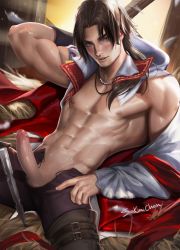 Rule 34 | 1boy, abs, assassin&#039;s creed, erection, ezio auditore da firenze, lying, male focus, muscular, pectorals, penis, sakimichan, solo, uncensored, undressing