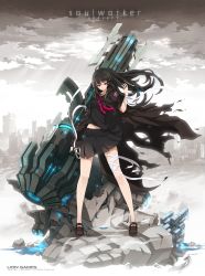 Rule 34 | 1girl, absurdres, artist request, bandages, bandaged leg, bandages, black hair, black skirt, building, cannon, city, cityscape, cloud, coat, copyright name, emblem, full body, glowing, grey sky, hand up, highres, huge weapon, iris yuma, loafers, long hair, navel, official art, red eyes, ruins, school uniform, shoes, short sleeves, silhouette, skirt, sky, skyscraper, solo, soulworker, standing, torn clothes, torn coat, weapon, wind