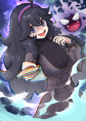 Rule 34 | 1girl, :d, ahoge, alternate breast size, black hair, breasts, chromatic aberration, commentary request, creatures (company), curly hair, d gokoko, dress, fire, game freak, gastly, gen 1 pokemon, green fire, grey dress, grey eyes, hairband, hex maniac (pokemon), highres, holding, large breasts, long hair, long sleeves, looking at viewer, nintendo, open mouth, pokemon, pokemon (creature), pokemon xy, purple hairband, smile, tongue