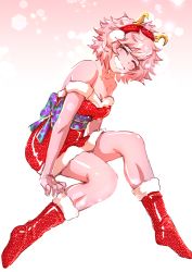 Rule 34 | 1girl, :d, ^ ^, alternate costume, ashido mina, bare arms, bare shoulders, boku no hero academia, boots, bow, breasts, cherry in the sun, christmas, cleavage, closed eyes, collarbone, colored skin, commentary, dress, earmuffs, english commentary, closed eyes, facing viewer, full body, horns, leaning forward, medium hair, messy hair, off-shoulder dress, off shoulder, open mouth, pink hair, pink skin, santa costume, short dress, sitting, sketch, smile, solo, |d