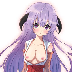 Rule 34 | 1girl, :o, blush, breasts, breasts out, cleavage, detached sleeves, hanyuu, highres, higurashi no naku koro ni, horns, japanese clothes, kimono, large breasts, long hair, looking at viewer, miko, mophe, nipples, open clothes, open kimono, purple eyes, purple hair, simple background, solo, very long hair, white background