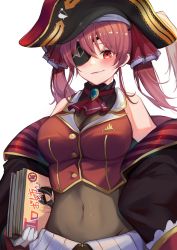 Rule 34 | 1girl, bad id, bad pixiv id, book, breasts, cleavage, covered navel, eyepatch, hair ribbon, hat, highres, holding, holding book, hololive, houshou marine, kyuu (chiu850513), looking at viewer, medium breasts, navel, pirate hat, red hair, red neckwear, red ribbon, ribbon, see-through, see-through cleavage, short hair, simple background, smile, solo, twintails, virtual youtuber, white background