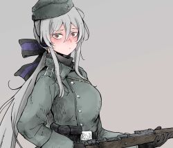 absurdres belt_buckle black_gloves black_scarf buckle buttons copyright_request double-breasted garrison_cap german_army gloves greatcoat grey_background grey_hair gun hair_between_eyes hair_ribbon hat headphones highres holding holding_gun holding_weapon looking_to_the_side military_uniform ribbon rifle scarf shichisaburo shoulder_boards sidelocks weapon world_war_ii