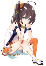 Rule 34 | 1girl, absurdres, ahoge, aqua eyes, armband, asymmetrical legwear, bandages, bandaid, bandaid on arm, bandaid on face, bandaid on knee, bandaid on leg, blush, breasts, brown hair, closed mouth, commentary request, hair ribbon, highres, hololive, knees up, looking at viewer, midriff, miniskirt, natsuiro matsuri, navel, orange ribbon, orange skirt, orange thighhighs, pout, ribbon, side ponytail, simple background, single thighhigh, sitting, skirt, sleeveless, small breasts, solo, thighhighs, uneven legwear, virtual youtuber, white background, zeppeki shoujo