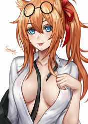 Rule 34 | 1girl, :p, animal ears, bad id, bad pixiv id, black-framed eyewear, blue eyes, blush, breasts, breasts apart, cleavage, collarbone, commentary request, dated, eyewear on head, girls&#039; frontline, glasses, hair between eyes, hair ribbon, hand on own chest, highres, kalina (girls&#039; frontline), kemonomimi mode, long hair, looking at viewer, medium breasts, mixed-language commentary, no bra, open clothes, open shirt, orange hair, ponytail, red ribbon, ribbon, round eyewear, selcky, shirt, sidelocks, signature, smile, solo, tongue, tongue out, upper body, white shirt