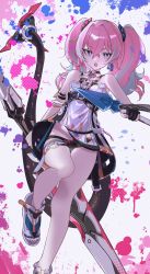 Rule 34 | 1girl, absurdres, arin (1010 ssu), artist name, bare shoulders, choker, crossed bangs, fangs, hair ornament, highres, holding, holding weapon, honkai (series), honkai impact 3rd, leg up, looking at viewer, o-ring, o-ring thigh strap, official alternate costume, open mouth, paint splatter, pink hair, rozaliya olenyeva, rozaliya olenyeva (fervent tempo), skin fangs, solo, tail, thigh strap, thighs, watermark, weapon